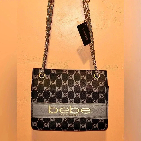 bebe Handbags - NWTS Designer Bebe Black & Gold Serena Monogram Shoulder Bag.
